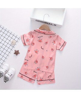 2pcs Toddler Girls Comfortable Pajamas Outfit Cute Cartoon Watermelon Graphic Button Short Sleeve Sleepwear