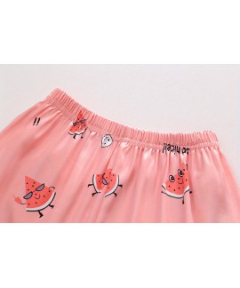 2pcs Toddler Girls Comfortable Pajamas Outfit Cute Cartoon Watermelon Graphic Button Short Sleeve Sleepwear