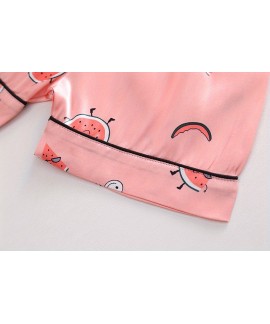 2pcs Toddler Girls Comfortable Pajamas Outfit Cute Cartoon Watermelon Graphic Button Short Sleeve Sleepwear