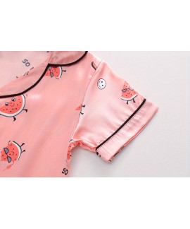 2pcs Toddler Girls Comfortable Pajamas Outfit Cute Cartoon Watermelon Graphic Button Short Sleeve Sleepwear