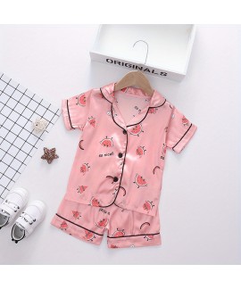 2pcs Toddler Girls Comfortable Pajamas Outfit Cute Cartoon Watermelon Graphic Button Short Sleeve Sleepwear