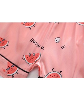 2pcs Toddler Girls Comfortable Pajamas Outfit Cute Cartoon Watermelon Graphic Button Short Sleeve Sleepwear