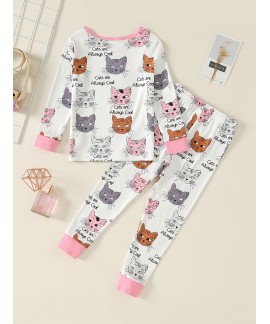 Girls Lounge Wear Homewear Long Sleeve Top Matching Pants Set With Cat Print Kids Clothes Pajamas Set Spring Fall 