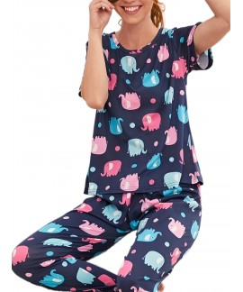 Cartoon Print Pajama Set Short Sleeve Crew Neck To...