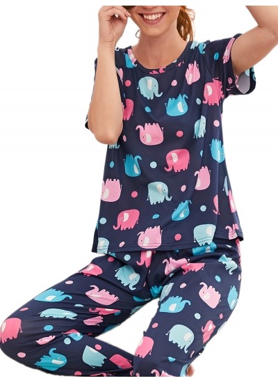 Cartoon Print Pajama Set Short Sleeve Crew Neck Top Elastic Waistband Pants Womens Sleepwear Loungewear 