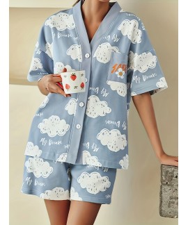 Cloud Print Lounge Set Short Sleeve Buttons Top Elastic Waistband Shorts Womens Loungewear Sleepwear 