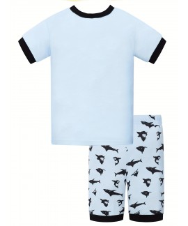 Boys Shark Print Pajamas Set Short Sleeves Tops Bottoms Comfortable Cozy Casual Loungewear Sets 