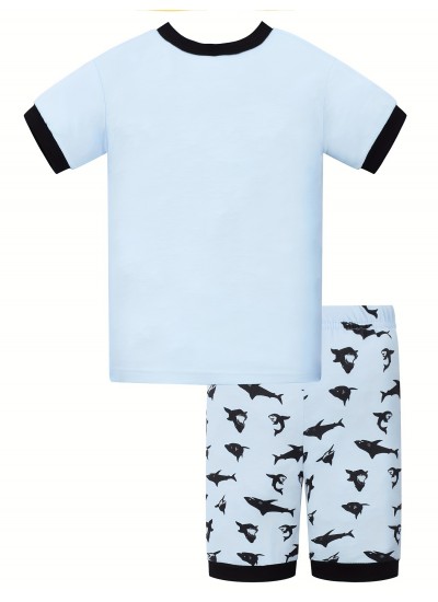 Boys Shark Print Pajamas Set Short Sleeves Tops Bottoms Comfortable Cozy Casual Loungewear Sets 