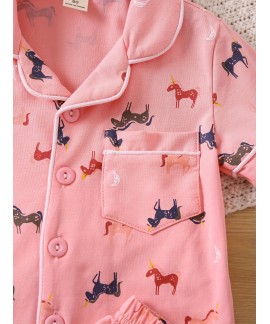 2pcs Girls Comfortable Cotton Pajamas Outfit Cartoon Unicorn Graphic V Neck Button Short Sleeve Sleepwear