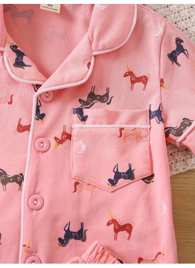 2pcs Girls Comfortable Cotton Pajamas Outfit Cartoon Unicorn Graphic V Neck Button Short Sleeve Sleepwear