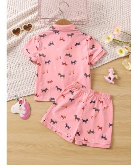 2pcs Girls Comfortable Cotton Pajamas Outfit Cartoon Unicorn Graphic V Neck Button Short Sleeve Sleepwear