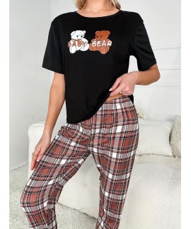 Cartoon Bear Print Crew Neck Womens Sleepwear 