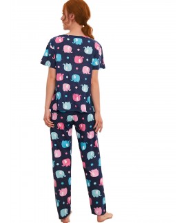 Cartoon Print Pajama Set Short Sleeve Crew Neck Top Elastic Waistband Pants Womens Sleepwear Loungewear 