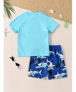 Boys Cartoon Shark Swimming Suit Swimming Trunks & Tops For Beach Vacation Kids Clothes Sets 