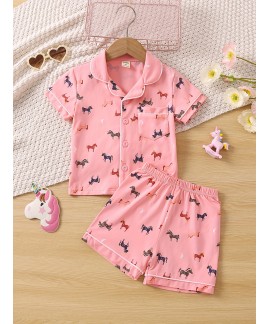 2pcs Girls Comfortable Cotton Pajamas Outfit Cartoon Unicorn Graphic V Neck Button Short Sleeve Sleepwear