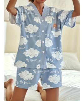 Cloud Print Lounge Set Short Sleeve Buttons Top Elastic Waistband Shorts Womens Loungewear Sleepwear 