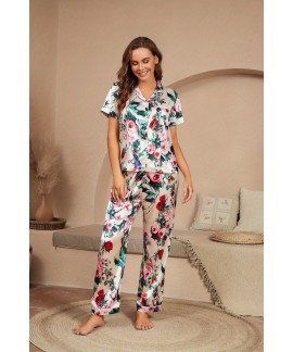 Floral Print Satin Pajama Set, Short Sleeve Button...