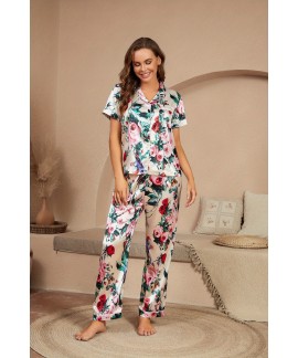 Floral Print Satin Pajama Set, Short Sleeve Button Up Top & Elastic Waistband Pants, Women's Sleepwear & Loungewear 