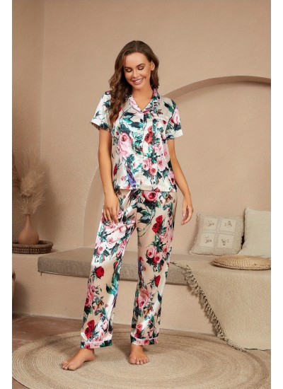 Floral Print Satin Pajama Set, Short Sleeve Button Up Top & Elastic Waistband Pants, Women's Sleepwear & Loungewear 