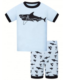 Boys Shark Print Pajamas Set Short Sleeves Tops Bottoms Comfortable Cozy Casual Loungewear Sets 