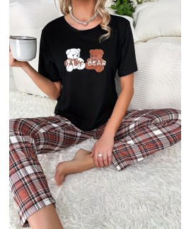 Cartoon Bear Print Crew Neck Womens Sleepwear 