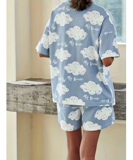 Cloud Print Lounge Set Short Sleeve Buttons Top Elastic Waistband Shorts Womens Loungewear Sleepwear 