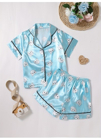 2pcs Toddler Girls Comfortable Pajamas Outfit Cute Cartoon Watermelon Graphic Button Short Sleeve Sleepwear