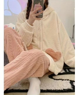 Long Sleeve Hooded Cartoon Bunny Fuzzy Pajama Set