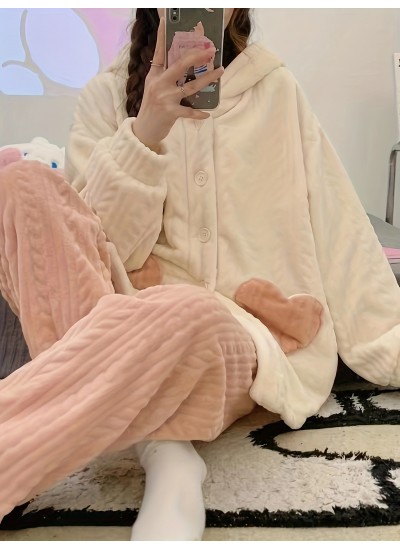 Long Sleeve Hooded Cartoon Bunny Fuzzy Pajama Set