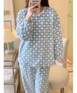 Long Sleeve Crew Neck Polka Dot Fuzzy Pajama Set