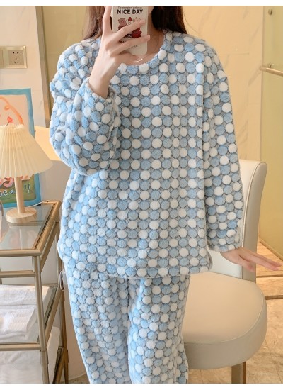 Long Sleeve Crew Neck Polka Dot Fuzzy Pajama Set