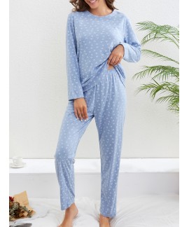 Long Sleeve Crew Neck Heart Print Pajama Set Women...