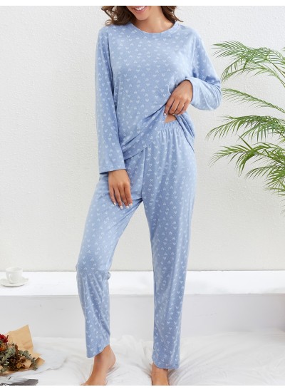 Long Sleeve Crew Neck Heart Print Pajama Set Women's Sleepwear
