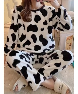 Cute Long Sleeve Crew Neck Cow Spots Print Pajama ...