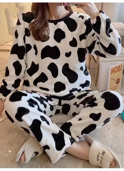 Cute Long Sleeve Crew Neck Cow Spots Print Pajama Set