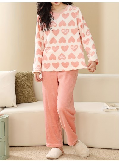 Long Sleeve Crew Neck Heart Print Fuzzy women Pajama Set