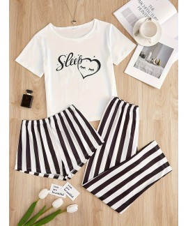 Casual Crew Neck Short Sleeve 3-Piece Heart & ...