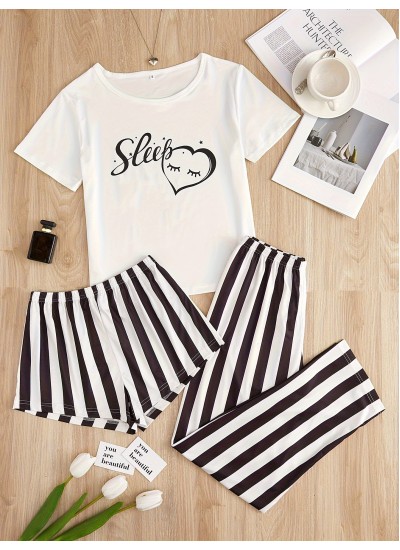 Casual Crew Neck Short Sleeve 3-Piece Heart & Stripe Print women Pajama Set