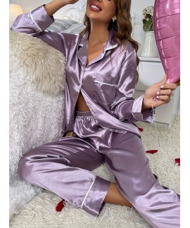 Comfy Long Sleeve Pocket Solid Satin Women Pajama ...