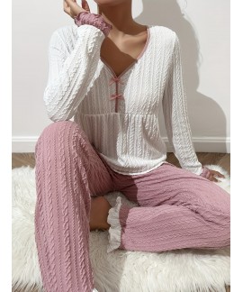 Long Sleeve V Neck Twist Textured women Pajama Set