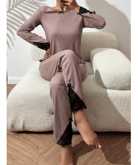 Long Sleeve Crew Neck lace Stitching women Pajama ...