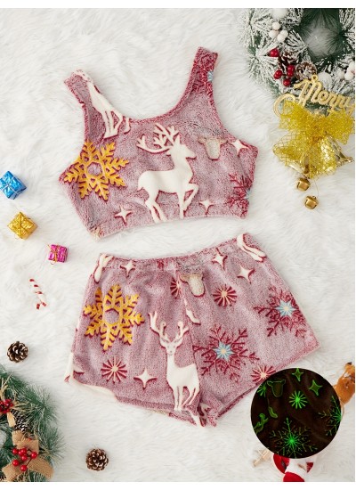 Crew Neck Tank Top & Elastic Waistband Shorts Christmas Elk Print women Pajama Set