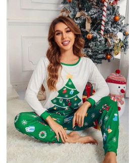 Long Sleeve Crew Neck Christmas Tree Print women P...