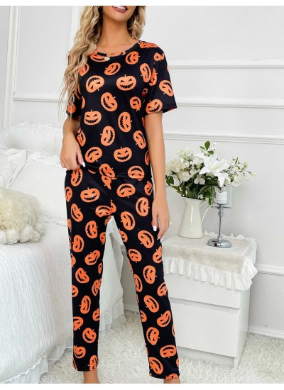 Halloween Short Sleeve Crew Neck Pumpkin Print ladies Pajama Set