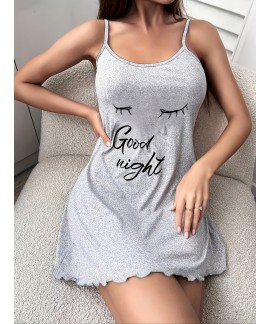 Casual Crew Neck Letter Print Slip women Nightdres...