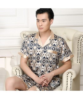 Spring and summer ice silk pajama set short sleeve cardigan printed silk like sleepwear for men