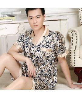 Spring and summer ice silk pajama set short sleeve cardigan printed silk like sleepwear for men