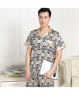 Spring and summer ice silk pajama set short sleeve cardigan printed silk like sleepwear for men