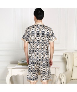 Spring and summer ice silk pajama set short sleeve cardigan printed silk like sleepwear for men