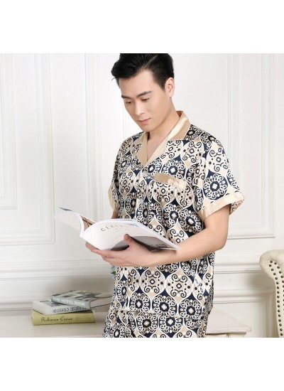Spring and summer ice silk pajama set short sleeve cardigan printed silk like sleepwear for men